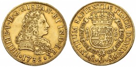 Philip V (1700-1746). 8 escudos. 1736. México. MF. (Cal-2235). (Cal onza-340). Au. 26,88 g. Value and assayer on reverse. Minor nicks on edge. Rare. C...