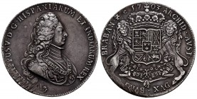 Philip V (1700-1746). 1 ducaton. 1703. Antwerpen. (Vti-85). (Vanhoudt-737.AN). Ag. 32,44 g. Strike scratches. Old cabinet tone. Rare. Choice VF. Est.....
