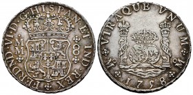 Ferdinand VI (1746-1759). 8 reales. 1758. México. MM. (Cal-494). Ag. 26,91 g. VF. Est...250,00. 

SPANISH DESCRIPTION: Fernando VI (1746-1759). 8 real...
