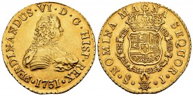 Ferdinand VI (1746-1759). 8 escudos. 1751. Santiago. J. (Cal-824). (Cal onza-644). Au. 26,94 g. Sharply struck of the shield. Rare. XF. Est...2700,00....