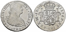 Charles IV (1788-1808). 8 reales. 1794. Lima. IJ. (Cal-910). Ag. 27,23 g. Original luster. A good sample. AU. Est...350,00. 

SPANISH DESCRIPTION: Car...