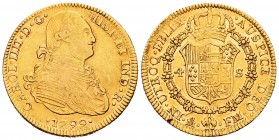 Charles IV (1788-1808). 4 escudos. 1799. México. FM. (Cal-1495). Au. 13,48 g. Weak strike on obverse. Some original luster remaining. Rare. Choice VF/...