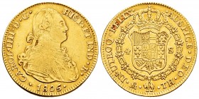 Charles IV (1788-1808). 4 escudos. 1806/5. México. TH. (Cal-1504). Au. 13,42 g. Overdate. Minor nicks on edge. Some original luster on reverse. Rare. ...