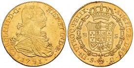 Charles IV (1788-1808). 8 escudos. 1791. Sevilla. C. (Cal-1784). (Cal onza-1187). (Cy-14477). Au. 27,01 g. Minimal planchet flaw on reverse. Original ...