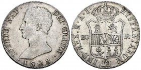 Joseph Napoleon (1808-1814). 20 reales. 1808. Madrid. AI. (Cal-35). Ag. 26,39 g. Scarce. XF. Est...500,00. 

SPANISH DESCRIPTION: José Napoleón (1808-...