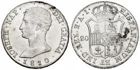 Joseph Napoleon (1808-1814). 20 reales. 1810. Madrid. AI. (Cal-37). Ag. 27,33 g. Large eagle. Deposits. Hairlines. Plenty of original luster. Rare in ...