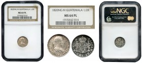 Ferdinand VII (1808-1833). 1/2 real. 1820. Guatemala. M. (Cal-341). (Km-65). Ag. Slabbed by NGC as MS 64. Plenty of original luster. Magnificent piece...