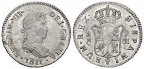 Ferdinand VII (1808-1833). 2 reales. 1811. Cadiz. CI. (Cal-725). Ag. 5,84 g. Large mintmark. With some original luster remaining. Scarce in this grade...