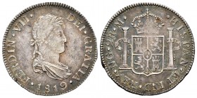 Ferdinand VII (1808-1833). 2 reales. 1819. Guatemala. M. (Cal-802). Ag. 6,68 g. Minor adjustment marks. It retains some luster. Gorgeous tone with blu...