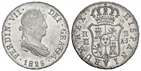 Ferdinand VII (1808-1833). 2 reales. 1826. Madrid. AJ. (Cal 2019-842). Ag. 5,94 g. Beautiful tone. Original luster. Rare in this condition. UNC. Est.....