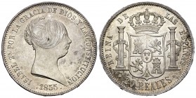 Elizabeth II (1833-1868). 20 reales. 1855. Madrid. (Cal-597). Ag. 25,97 g. Most of original luster. Scarce in this grade. AU. Est...300,00. 

SPANISH ...