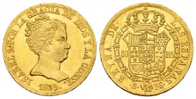 Elizabeth II (1833-1868). 80 reales. 1839. Barcelona. PS. (Cal-704). Au. 6,77 g. Legend CONST on obverse. Minor nicks on edge. Original luster. Almost...