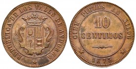 I Republic. 10 céntimos. 1873. Andorra. (Cal 2008-9). (Cal 2019-2). Ae. 9,59 g. Minor nick on edge. Very beautiful specimen. Rare. UNC/Almost UNC. Est...