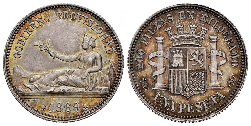 Provisional Government (1868-1871). 1 peseta. 1869. Madrid. SNM. (Cal-16). Ag. 4...
