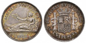 Provisional Government (1868-1871). 1 peseta. 1869. Madrid. SNM. (Cal-16). Ag. 4,99 g. Legend GOBIERNO PROVISIONAL. Beautiful colour. Scarce in this g...