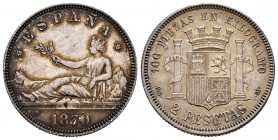 Provisional Government (1868-1871). 2 pesetas. 1870*18-74. Madrid. DEM. (Cal 2008-10). Ag. 10,00 g. Minimal marks. Beautiful specimen. Tone. AU. Est.....