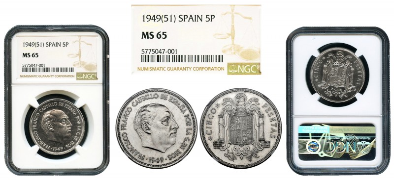 Spanish State (1936-1975). 5 pesetas. 1949*19-51. Madrid. (Cal-96). Slabbed by N...