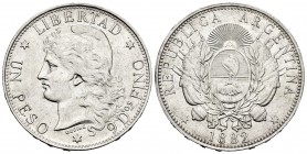Argentina. 1 peso. 1882. (Km-29). Ag. 25,07 g. Original luster. Very scarce in this grade. AU. Est...750,00. 

SPANISH DESCRIPTION: Argentina. 1 peso....