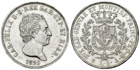 Italy. Carlo Felice. 5 lire. 1829. Genoa. (Km-116.2). (Pagani-76). (Mont-68). Ag. 25,01 g. Minor nicks. With some original luster remaining. Scarce in...