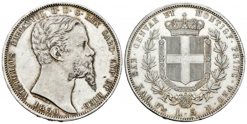 Italy. Vittorio Emanuele II. 5 lire. 1850. Genoa. P. (Km-144.2). (Pagani-370). (...