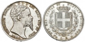 Italy. Vittorio Emanuele II. 5 lire. 1850. Genoa. P. (Km-144.2). (Pagani-370). (Mont-41). Ag. 25,03 g. Minor nicks on edge. Gorgeous specimen with ori...