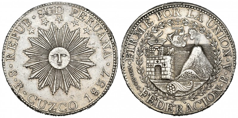 Peru. 8 reales. 1837. Cuzco. BA. (Km-170.1). Ag. 27,47 g. Minor nicks. FEDERACIO...