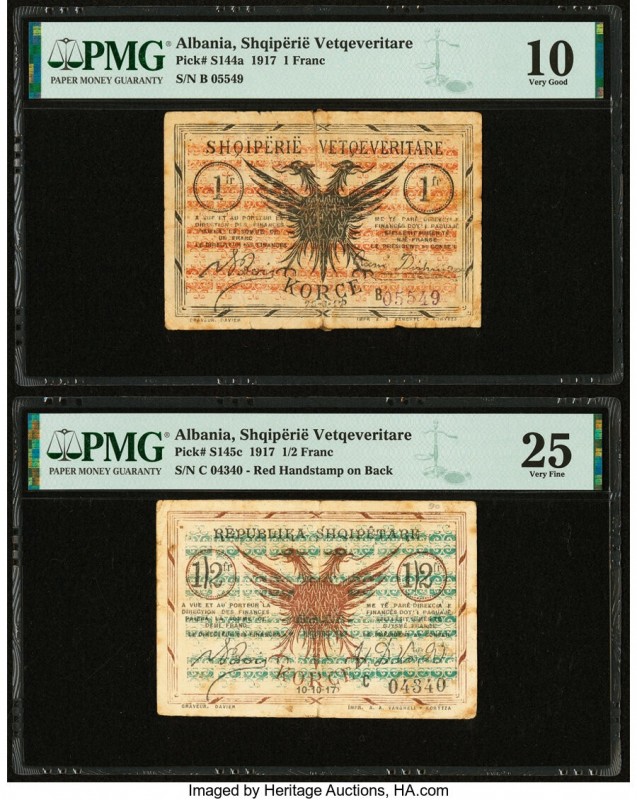 Albania Korce Region, Shqiperie Vetqeveritare 1; 1/2 Franc 1917 Pick S144a; S145...