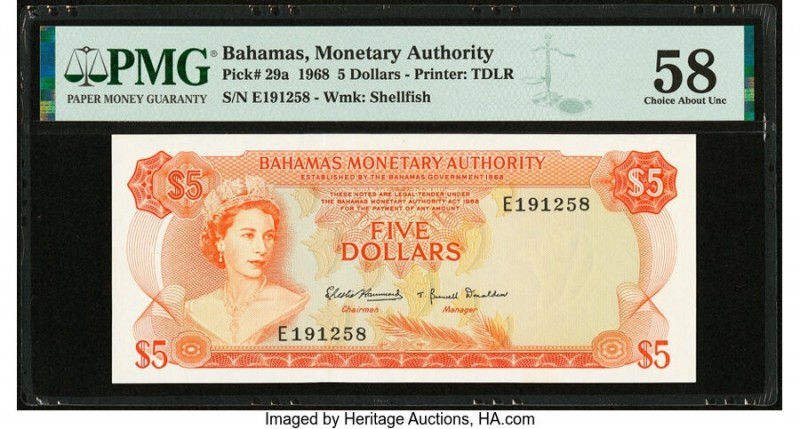 Bahamas Monetary Authority 5 Dollars 1968 Pick 29a PMG Choice About Unc 58. 

HI...