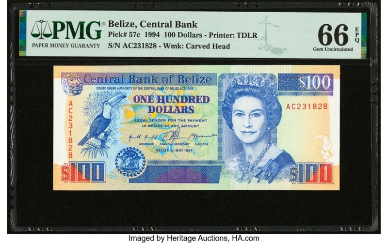 Belize Central Bank 100 Dollars 1.5.1994 Pick 57c PMG Gem Uncirculated 66 EPQ. 
...