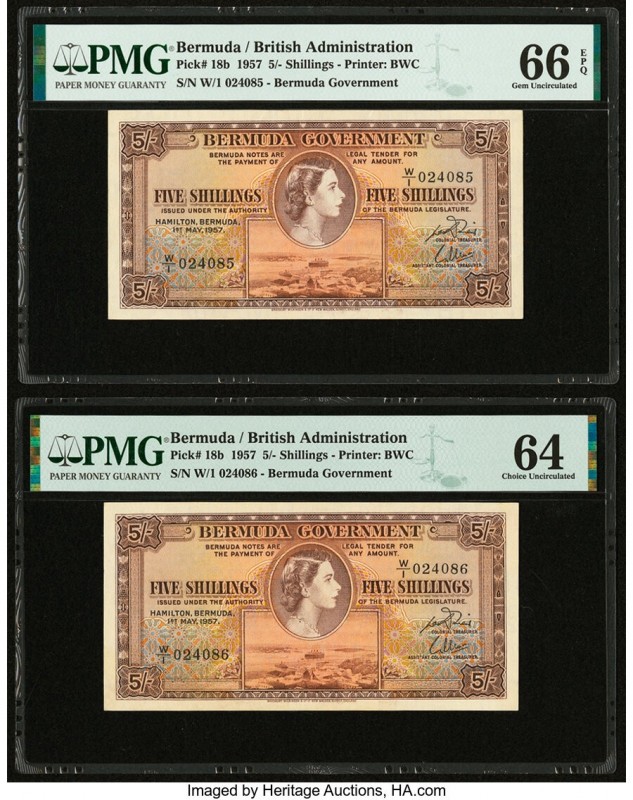 Bermuda Bermuda Government 5 Shillings 1.5.1957 Pick 18b Two Consecutive Example...