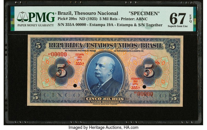 Brazil Thesouro Nacional 5 Mil Reis ND (1925) Pick 29bs Specimen PMG Superb Gem ...
