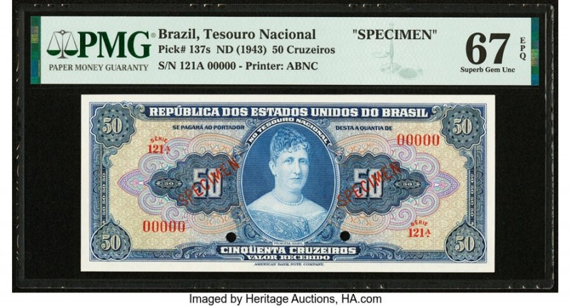 Brazil Tesouro Nacional 50 Cruzeiros ND (1943) Pick 137s Specimen PMG Superb Gem...
