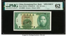 China Kwangtung Provincial Bank, Swatow 20 Cents 1935 Pick S2437s4 S/M#K56-32c Specimen PMG Uncirculated 62. Holes; two POCs; black Specimen overprint...
