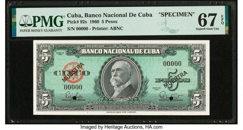 Cuba Banco Nacional de Cuba 5 Pesos 1960 Pick 92s Specimen PMG Superb Gem Unc 67...