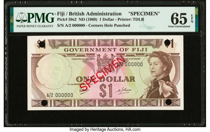 Fiji Government of Fiji 1 Dollar ND (1969) Pick 59s2 Specimen PMG Gem Uncirculat...