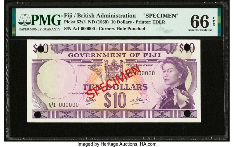 Fiji Government of Fiji 10 Dollars ND (1969) Pick 62s2 Specimen PMG Gem Uncircul...
