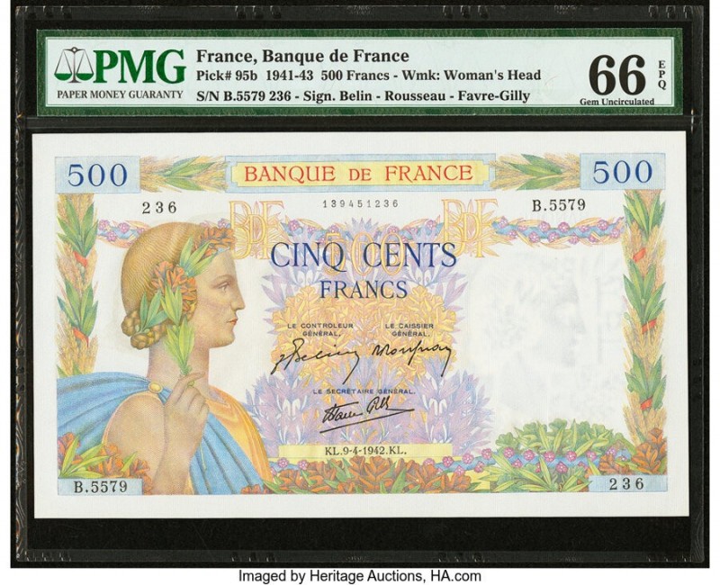 France Banque de France 500 Francs 9.4.1942 Pick 95b PMG Gem Uncirculated 66 EPQ...