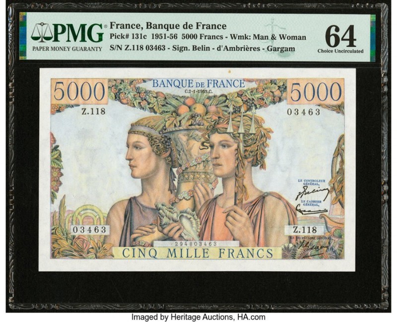 France Banque de France 5000 Francs 2.1.1953 Pick 131c PMG Choice Uncirculated 6...