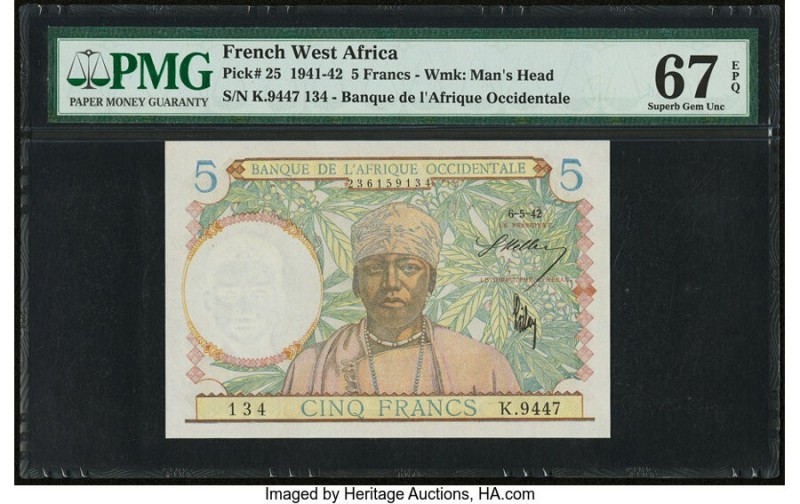 French West Africa Banque de l'Afrique Occidentale 5 Francs 1941-42 Pick 25 PMG ...