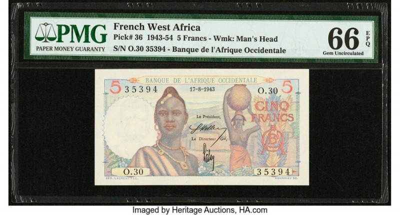 French West Africa Banque de l'Afrique Occidentale 5 Francs 17.8.1943 Pick 36 PM...