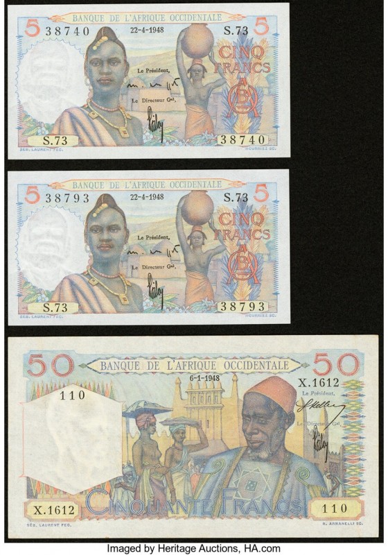 French West Africa Banque de l'Afrique Occidentale 5 (2); 50 Francs 1948 Pick 36...