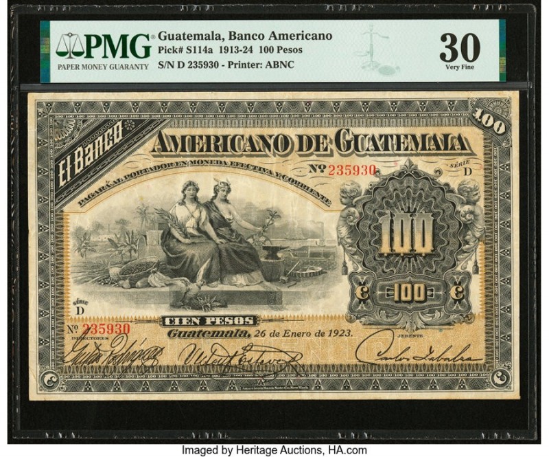 Guatemala Banco Americano de Guatemala 100 Pesos 26.1.1923 Pick S114a PMG Very F...