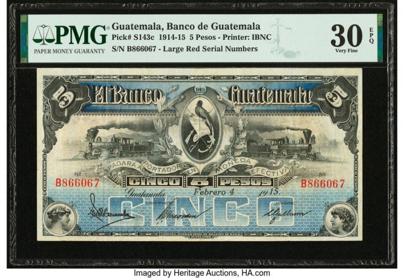 Guatemala Banco de Guatemala 5 Pesos 4.2.1915 Pick S143c PMG Very Fine 30 EPQ. 
...