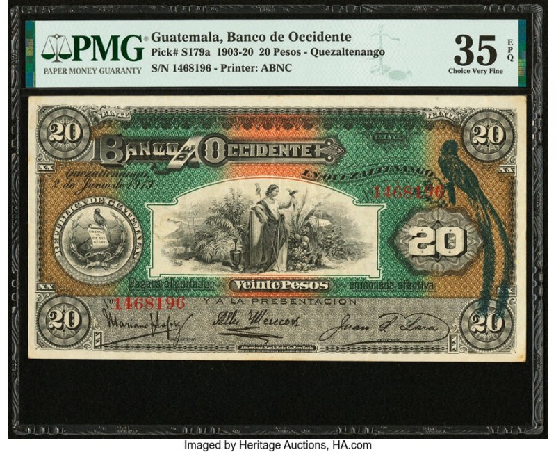 Guatemala Banco de Occidente en Quezaltenango 20 Pesos 2.6.1919 Pick S179a PMG C...