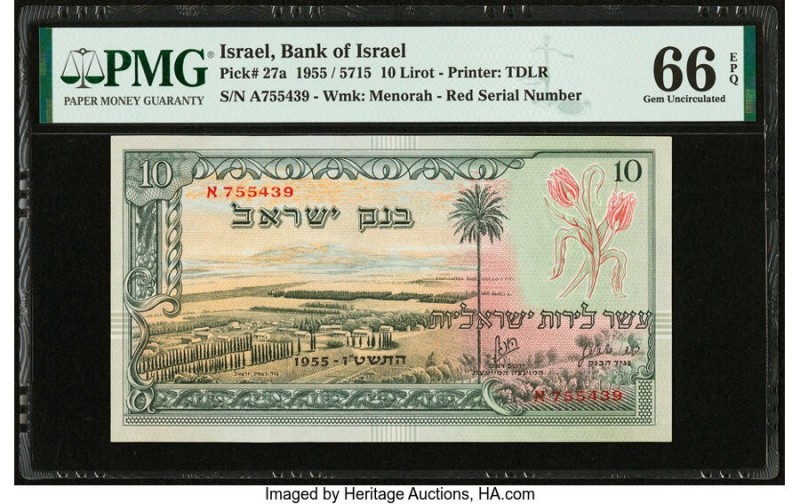 Israel Bank of Israel 10 Lirot 1955 / 5715 Pick 27a PMG Gem Uncirculated 66 EPQ....