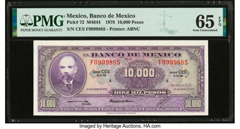 Mexico Banco de Mexico 10,000 Pesos 18.1.1978 Pick 72 PMG Gem Uncirculated 65 EP...