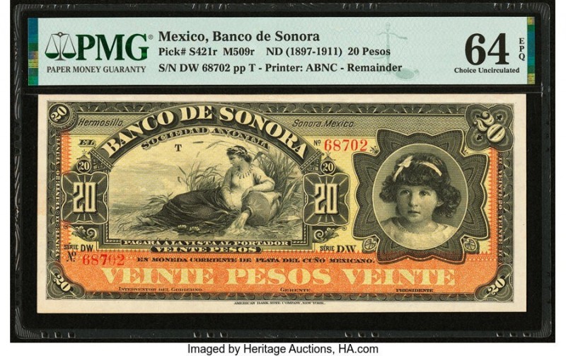 Mexico Banco de Sonora 20 Pesos ND (1897-1911) Pick S421r M509r Remainder PMG Ch...