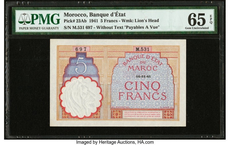 Morocco Banque d'Etat du Maroc 5 Francs 1941 Pick 23Ab PMG Gem Uncirculated 65 E...