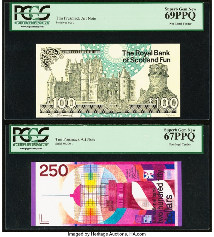 Tim Prusmack Money Art Note Pair (Netherlands 250 Gulden and Scotland 100 Pounds...