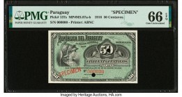 Paraguay Republica del Paraguay 50 Centavos 28.1.1916 Pick 137s Specimen PMG Gem Uncirculated 66 EPQ. Red Specimen overprint; two POC.

HID09801242017...